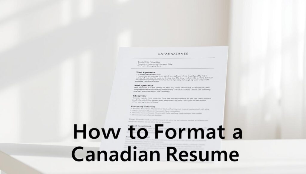A clean, minimalist resume format against a soft, blurred background. The resume appears on a simple desk, illuminated by natural light streaming in from the side. The layout showcases sections like contact information, work experience, and education in a clear, organized manner. The overall atmosphere conveys a sense of professionalism, attention to detail, and Canadian workplace standards. The image should serve as a visual reference for the "How to Format a Canadian Resume" section of the article. A clean, minimalist resume format against a soft, blurred background. The resume appears on a simple desk, illuminated by natural light streaming in from the side. The layout showcases sections like contact information, work experience, and education in a clear, organized manner. The overall atmosphere conveys a sense of professionalism, attention to detail, and Canadian workplace standards. The image should serve as a visual reference for the "How to Format a Canadian Resume" section of the article.