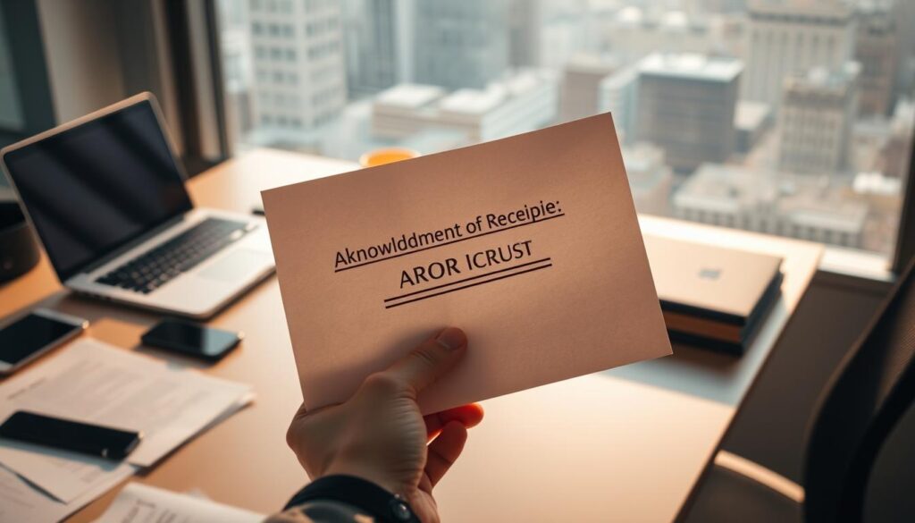 A clean, well-organized office desk with a laptop, smartphone, and scattered documents. The desk is bathed in warm, directional lighting, casting subtle shadows. In the foreground, a hand is holding up a document with the "Acknowledgment of Receipt" (AOR) stamped prominently. The middle ground features a spreadsheet or application tracking software on the laptop screen, highlighting the status of various cases. The background is a softly blurred cityscape, suggesting an urban, professional setting. The overall mood is one of focused productivity and efficient case management. A clean, well-organized office desk with a laptop, smartphone, and scattered documents. The desk is bathed in warm, directional lighting, casting subtle shadows. In the foreground, a hand is holding up a document with the "Acknowledgment of Receipt" (AOR) stamped prominently. The middle ground features a spreadsheet or application tracking software on the laptop screen, highlighting the status of various cases. The background is a softly blurred cityscape, suggesting an urban, professional setting. The overall mood is one of focused productivity and efficient case management.