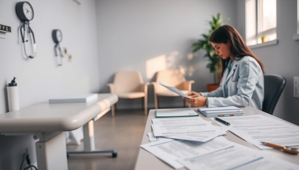 A clinical office setting with a doctor's desk, exam table, and medical equipment in the foreground. In the middle ground, a person sitting at the desk reviewing documents, with various forms and papers scattered across the surface. In the background, a waiting area with chairs and a potted plant, conveying a sense of professionalism and attention to detail. Soft, natural lighting from a window casts a warm glow, creating a calming atmosphere. The scene captures the medical examination and background check process with a focus on the paperwork and administrative aspects. A clinical office setting with a doctor's desk, exam table, and medical equipment in the foreground. In the middle ground, a person sitting at the desk reviewing documents, with various forms and papers scattered across the surface. In the background, a waiting area with chairs and a potted plant, conveying a sense of professionalism and attention to detail. Soft, natural lighting from a window casts a warm glow, creating a calming atmosphere. The scene captures the medical examination and background check process with a focus on the paperwork and administrative aspects.