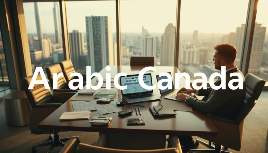 A commercial office setting with a large conference table, chairs, and floor-to-ceiling windows overlooking a cityscape. On the table, various financial documents, calculators, and a laptop displaying mortgage financing options. A professional-looking person in a suit is seated, discussing the options with an investor. The lighting is warm and inviting, creating a sense of productivity and collaboration. In the background, the "Arabic Canada" logo is prominently displayed, underscoring the financial expertise and service being offered. A commercial office setting with a large conference table, chairs, and floor-to-ceiling windows overlooking a cityscape. On the table, various financial documents, calculators, and a laptop displaying mortgage financing options. A professional-looking person in a suit is seated, discussing the options with an investor. The lighting is warm and inviting, creating a sense of productivity and collaboration. In the background, the "Arabic Canada" logo is prominently displayed, underscoring the financial expertise and service being offered.