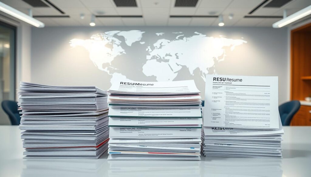 A comparative visual analysis of contemporary resume standards from Canada, the United States, and Europe. In the foreground, three stacks of resumes, each distinctly formatted and color-coded to represent the regional differences. The middle ground features a world map with highlighted regions, emphasizing the global scope. The background is a clean, minimalist office setting with subtle lighting, lending a professional, analytical atmosphere. The overall composition aims to visually convey the nuances and similarities in resume styles across international markets, inviting the viewer to explore the cross-cultural perspectives on this essential career document. A comparative visual analysis of contemporary resume standards from Canada, the United States, and Europe. In the foreground, three stacks of resumes, each distinctly formatted and color-coded to represent the regional differences. The middle ground features a world map with highlighted regions, emphasizing the global scope. The background is a clean, minimalist office setting with subtle lighting, lending a professional, analytical atmosphere. The overall composition aims to visually convey the nuances and similarities in resume styles across international markets, inviting the viewer to explore the cross-cultural perspectives on this essential career document.