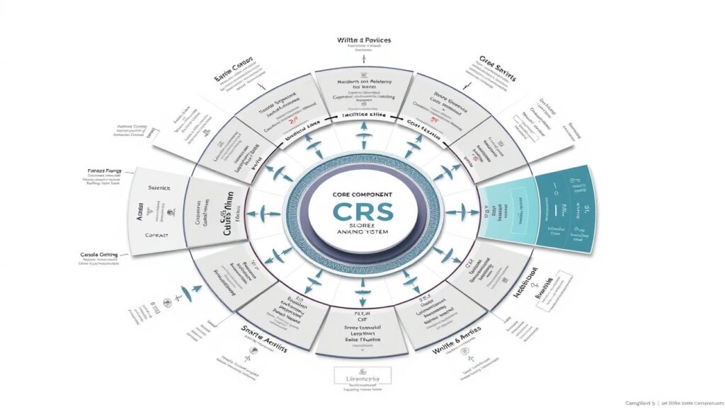 A complex, intricate diagram depicting the core components of the Comprehensive Ranking System (CRS) used in the Express Entry immigration program of Canada. In the foreground, a central circular hub represents the CRS score itself, with various factors like education, work experience, language proficiency, and additional points radiating outward as distinct modules. The middle ground showcases detailed infographic-style visualizations of each CRS component, showcasing their weightage and contribution to the overall score. In the background, a clean, minimalist layout with neutral tones provides context, while strategically placed geometric shapes and lines guide the viewer's eye across the comprehensive system. Soft, even lighting creates depth and clarity, while a slightly angled, isometric perspective offers an optimal vantage point to absorb the intricacies of this crucial immigration assessment framework. A complex, intricate diagram depicting the core components of the Comprehensive Ranking System (CRS) used in the Express Entry immigration program of Canada. In the foreground, a central circular hub represents the CRS score itself, with various factors like education, work experience, language proficiency, and additional points radiating outward as distinct modules. The middle ground showcases detailed infographic-style visualizations of each CRS component, showcasing their weightage and contribution to the overall score. In the background, a clean, minimalist layout with neutral tones provides context, while strategically placed geometric shapes and lines guide the viewer's eye across the comprehensive system. Soft, even lighting creates depth and clarity, while a slightly angled, isometric perspective offers an optimal vantage point to absorb the intricacies of this crucial immigration assessment framework.