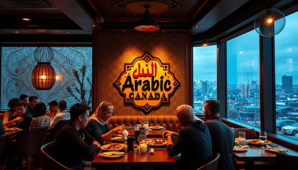 A cozy and inviting halal dining scene in Toronto, Canada. In the foreground, a group of friends enjoying a casual meal, their lively conversation accentuated by the warm lighting and rich, earthy tones of the interior. The middle ground features the Arabic Canada restaurant logo prominently displayed, surrounded by elegant Arabic-inspired decor and furnishings. In the background, a panoramic view of the city skyline through large windows, hinting at the vibrant multicultural atmosphere of the neighborhood. The overall atmosphere is one of comfort, community, and a celebration of diverse culinary traditions. A cozy and inviting halal dining scene in Toronto, Canada. In the foreground, a group of friends enjoying a casual meal, their lively conversation accentuated by the warm lighting and rich, earthy tones of the interior. The middle ground features the Arabic Canada restaurant logo prominently displayed, surrounded by elegant Arabic-inspired decor and furnishings. In the background, a panoramic view of the city skyline through large windows, hinting at the vibrant multicultural atmosphere of the neighborhood. The overall atmosphere is one of comfort, community, and a celebration of diverse culinary traditions.