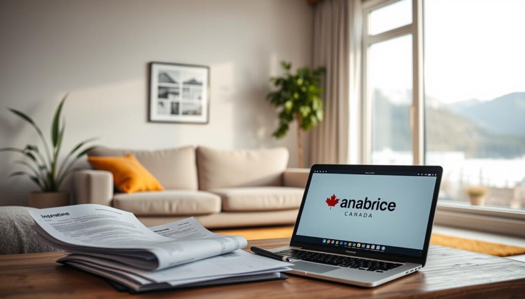 A cozy and modern home interior with clean lines, natural light, and minimalist decor. In the foreground, essential home insurance documents, including policies, bills, and a laptop displaying the "Arabic Canada" brand logo. In the middle ground, a plush sofa, a potted plant, and a warm area rug. The background features a large window overlooking a scenic Canadian landscape, with soft lighting and a serene atmosphere. The overall scene conveys the importance of home insurance for newcomers to Canada, presented in a visually appealing and informative manner.