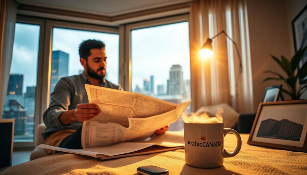 A cozy apartment in Montreal, with floor-to-ceiling windows overlooking the bustling city skyline. In the foreground, a young couple poring over maps and documents, planning their relocation from Toronto. Warm, diffused lighting casts a golden glow, evoking a sense of excitement and anticipation. The mid-ground features a sleek laptop displaying a budget spreadsheet, along with a branded "Arabic Canada" mug filled with steaming coffee. In the background, framed cityscapes and a potted plant lend a sophisticated, urban vibe. The overall atmosphere conveys the careful consideration and thoughtfulness of the move, tempered by the prospect of a new, more affordable life in Montreal.
