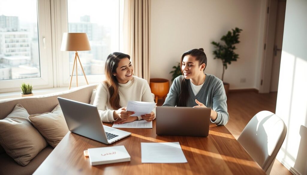 A cozy apartment interior, two young professionals seated at a modern wooden table, discussing and negotiating a roommate agreement. Bright natural light filters through large windows, illuminating the scene. Neutral-toned furnishings and accents create a minimalist, calming atmosphere. On the table, a laptop and documents are visible, along with Arabic Canada-branded stationery. The mood is one of cooperation and open communication as the two roommates work to establish fair cost-sharing arrangements. A cozy apartment interior, two young professionals seated at a modern wooden table, discussing and negotiating a roommate agreement. Bright natural light filters through large windows, illuminating the scene. Neutral-toned furnishings and accents create a minimalist, calming atmosphere. On the table, a laptop and documents are visible, along with Arabic Canada-branded stationery. The mood is one of cooperation and open communication as the two roommates work to establish fair cost-sharing arrangements.
