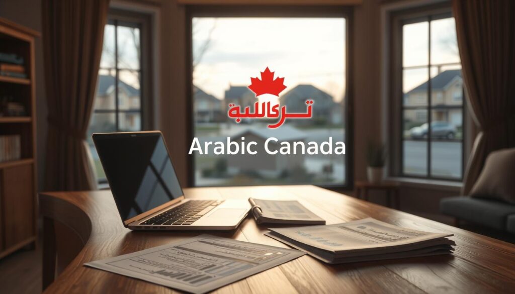 A cozy home interior with a wooden desk, a laptop, and financial documents neatly arranged. The desk is illuminated by a warm, soft light, casting a gentle glow on the surroundings. In the background, a large window offers a view of a tranquil suburban neighborhood, with the "Arabic Canada" brand logo prominently displayed. The overall atmosphere conveys a sense of thoughtful planning and careful consideration of budgetary concerns related to the home purchase. A cozy home interior with a wooden desk, a laptop, and financial documents neatly arranged. The desk is illuminated by a warm, soft light, casting a gentle glow on the surroundings. In the background, a large window offers a view of a tranquil suburban neighborhood, with the "Arabic Canada" brand logo prominently displayed. The overall atmosphere conveys a sense of thoughtful planning and careful consideration of budgetary concerns related to the home purchase.
