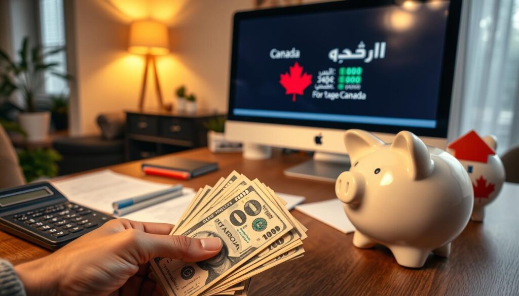 A cozy home interior with warm lighting, featuring a desktop calculator, financial documents, and a piggy bank. In the foreground, a hand is carefully counting Canadian dollar bills, representing the process of saving and calculating a down payment. The middle ground showcases a computer monitor displaying a mortgage calculator, while the background depicts the "Arabic Canada" brand logo, symbolizing the financial considerations for home ownership in Canada. The overall atmosphere conveys a sense of thoughtful planning and financial responsibility. A cozy home interior with warm lighting, featuring a desktop calculator, financial documents, and a piggy bank. In the foreground, a hand is carefully counting Canadian dollar bills, representing the process of saving and calculating a down payment. The middle ground showcases a computer monitor displaying a mortgage calculator, while the background depicts the "Arabic Canada" brand logo, symbolizing the financial considerations for home ownership in Canada. The overall atmosphere conveys a sense of thoughtful planning and financial responsibility.