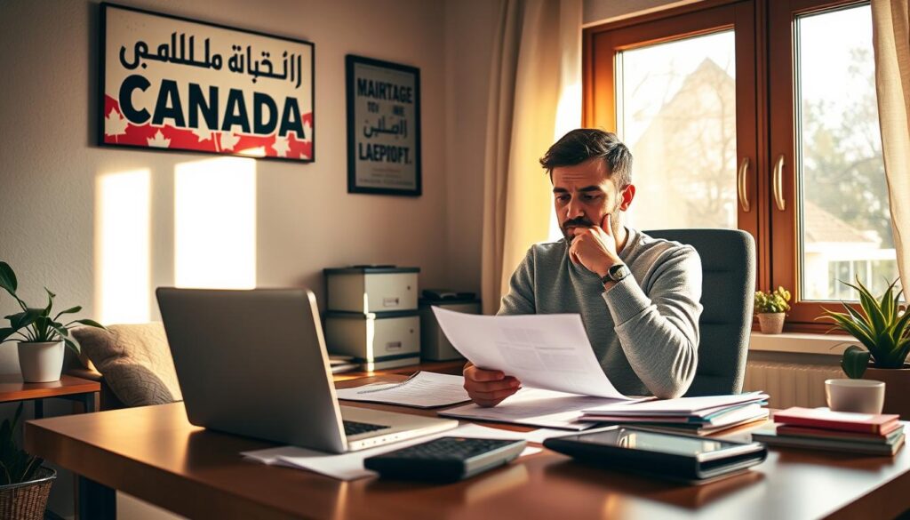 A cozy home office scene with a person seated at a desk, deep in thought while reviewing mortgage documents. The room is bathed in warm, natural lighting from a large window, casting a soft glow on the desktop. On the desk, a laptop, a calculator, and various papers are neatly organized, symbolizing the thoughtful planning of the mortgage pre-approval process. The walls are adorned with motivational Arabic Canada artwork, creating an atmosphere of focus and determination. The person's expression conveys a sense of understanding and confidence as they navigate the intricacies of the pre-approval journey.