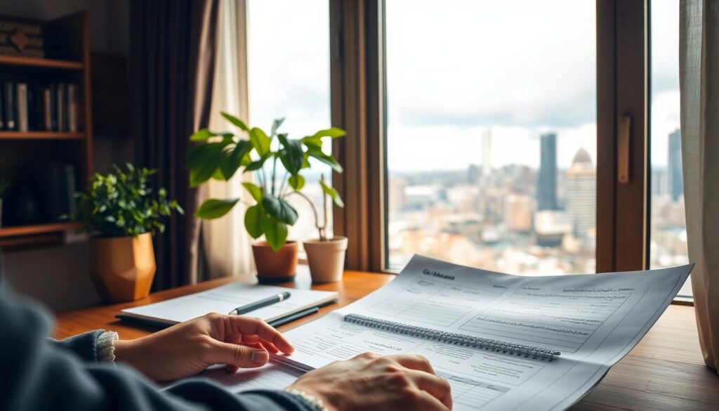 A cozy home office with a large window overlooking a picturesque city skyline. On the desk, a notebook, a calculator, and a potted plant, all arranged neatly. The lighting is warm and inviting, creating a serene and productive atmosphere. In the foreground, a person is carefully reviewing financial documents, planning their "Arabic Canada" down payment savings strategy. The mood is one of focus, determination, and a sense of financial responsibility. A cozy home office with a large window overlooking a picturesque city skyline. On the desk, a notebook, a calculator, and a potted plant, all arranged neatly. The lighting is warm and inviting, creating a serene and productive atmosphere. In the foreground, a person is carefully reviewing financial documents, planning their "Arabic Canada" down payment savings strategy. The mood is one of focus, determination, and a sense of financial responsibility.