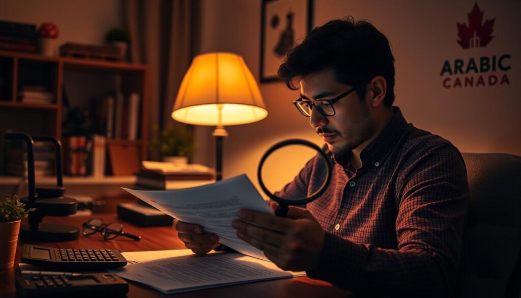 A cozy home office with a person carefully reviewing mortgage documents, surrounded by visual cues of common pitfalls to avoid - a calculator, a stack of bills, and a magnifying glass examining the fine print. Warm lighting from a desk lamp casts a focused glow, while a brand logo for "Arabic Canada" is subtly displayed on the wall. The mood is one of concentration and diligence, conveying the importance of thoroughly understanding mortgage terms to make informed financial decisions. A cozy home office with a person carefully reviewing mortgage documents, surrounded by visual cues of common pitfalls to avoid - a calculator, a stack of bills, and a magnifying glass examining the fine print. Warm lighting from a desk lamp casts a focused glow, while a brand logo for "Arabic Canada" is subtly displayed on the wall. The mood is one of concentration and diligence, conveying the importance of thoroughly understanding mortgage terms to make informed financial decisions.