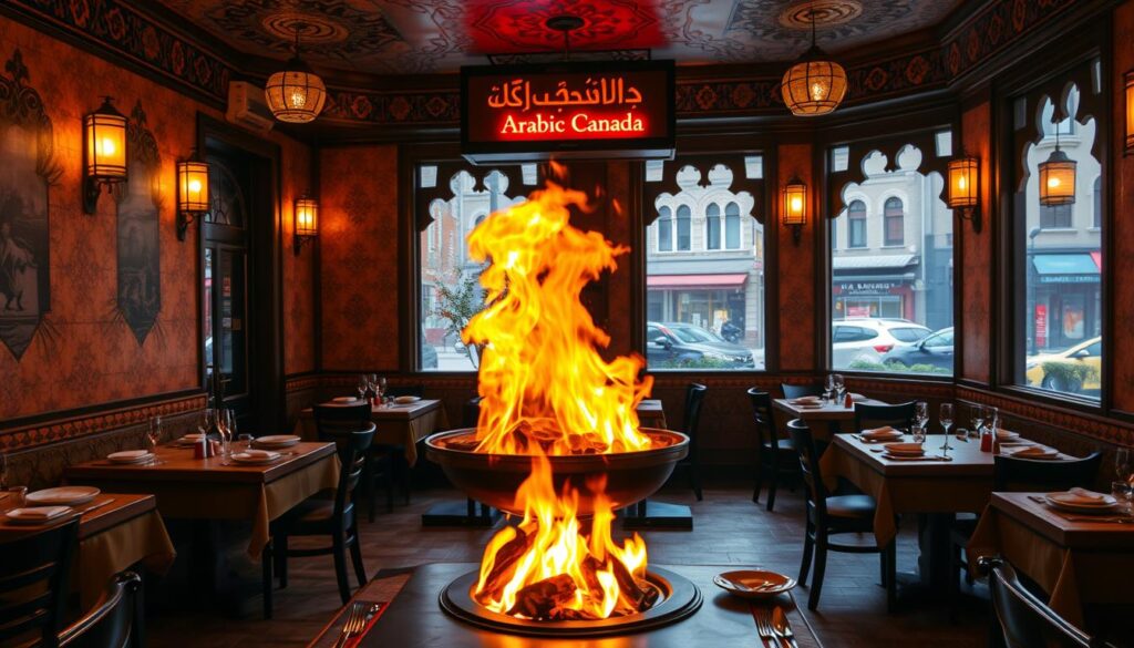 A cozy, intimate dining room with warm lighting and a vibrant, Middle Eastern-inspired decor. In the foreground, the centerpiece is a stunning, flaming stove, its flames casting a mesmerizing glow on the surrounding tables. The walls are adorned with intricate tilework and Arabic calligraphy, creating an authentic, Arabian ambiance. Large windows offer a glimpse of the bustling Toronto streetscape outside. The tables are set with traditional Middle Eastern dishware, and the aroma of spices and grilled meats wafts through the air. "Arabic Canada" is prominently displayed on a sign above the entrance, highlighting the restaurant's cultural identity. The overall scene conveys a sense of warmth, tradition, and culinary excellence. A cozy, intimate dining room with warm lighting and a vibrant, Middle Eastern-inspired decor. In the foreground, the centerpiece is a stunning, flaming stove, its flames casting a mesmerizing glow on the surrounding tables. The walls are adorned with intricate tilework and Arabic calligraphy, creating an authentic, Arabian ambiance. Large windows offer a glimpse of the bustling Toronto streetscape outside. The tables are set with traditional Middle Eastern dishware, and the aroma of spices and grilled meats wafts through the air. "Arabic Canada" is prominently displayed on a sign above the entrance, highlighting the restaurant's cultural identity. The overall scene conveys a sense of warmth, tradition, and culinary excellence.