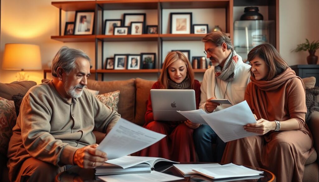 A cozy living room setting, warm lighting illuminates a multigenerational Middle Eastern family gathered around a coffee table, discussing documents and papers. In the foreground, a mature couple sits side by side, expressions pensive as they review forms. Their adult children, one holding a laptop, lean in to offer guidance. Framed family photos and cultural artifacts adorn the shelves in the background, hinting at their shared heritage. An atmosphere of thoughtful collaboration, as they navigate the complexities of the family sponsorship process, mindful of cultural nuances and policy requirements.