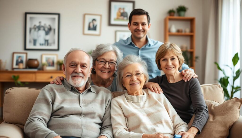 A cozy, multigenerational family scene set in a warm, inviting living room. In the foreground, an elderly couple, the grandparents, sit together on a plush sofa, radiating wisdom and experience. Their expressions convey a sense of contentment and pride. In the middle ground, a younger couple, the parents, stand behind the grandparents, hands on their shoulders, creating a sense of intergenerational connection. The background features tasteful decor, such as framed family photos and potted plants, suggesting a comfortable, well-lived-in space. The lighting is soft and natural, creating a soothing, intimate atmosphere. The overall composition emphasizes the bonds of family and the passing of knowledge and traditions from one generation to the next.