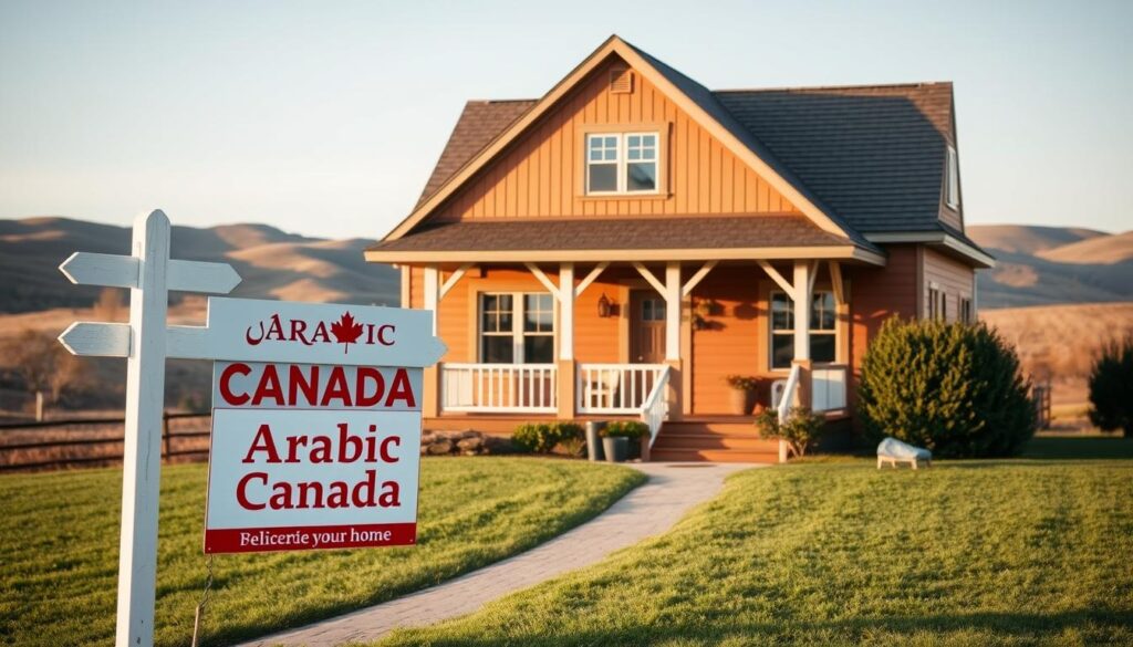 A cozy provincial home set against a backdrop of rolling hills, with a well-manicured lawn and a charming porch. The exterior features warm, earthy tones and traditional architectural elements, such as a gabled roof and decorative trim. In the foreground, a "Arabic Canada" sign stands proudly, beckoning prospective homebuyers. Soft, diffused natural lighting casts a serene and inviting atmosphere, hinting at the potential financial incentives and tax credits available for those seeking to purchase their first home in this vibrant community.