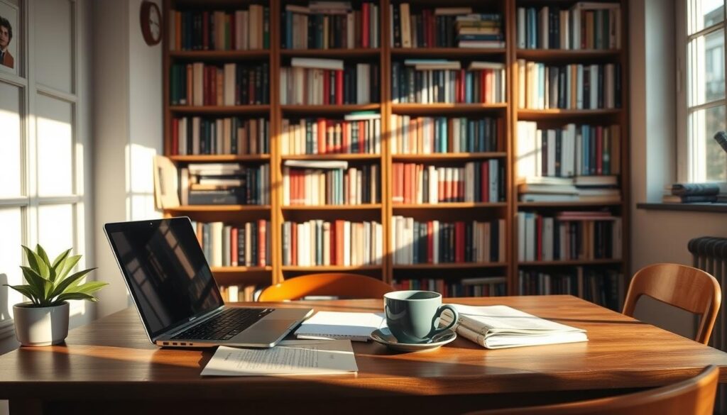 A cozy study nook with a laptop, study materials, and a cup of coffee on a wooden desk, all bathed in warm, natural lighting from a nearby window. In the background, bookshelves filled with IELTS preparation guides and resources, conveying a sense of focused, diligent preparation. The scene exudes a productive and studious atmosphere, perfectly capturing the "Effective Strategies for IELTS General Training Preparation" theme.