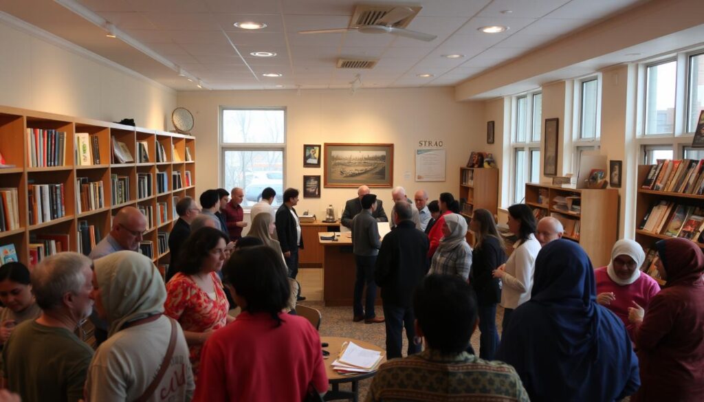 A cozy, well-lit community center, with warm lighting and inviting atmosphere. In the foreground, a diverse group of people - young and old, men and women - engaged in lively conversation and activities. Shelves lining the walls, stocked with books, pamphlets, and resources for the local Arab community. In the middle ground, an information desk with a friendly staff member assisting visitors. The background features large windows, allowing natural light to flood the space, and artwork or decor reflecting the cultural heritage of the community. The overall impression is one of inclusivity, support, and a vibrant hub of social and educational services. A cozy, well-lit community center, with warm lighting and inviting atmosphere. In the foreground, a diverse group of people - young and old, men and women - engaged in lively conversation and activities. Shelves lining the walls, stocked with books, pamphlets, and resources for the local Arab community. In the middle ground, an information desk with a friendly staff member assisting visitors. The background features large windows, allowing natural light to flood the space, and artwork or decor reflecting the cultural heritage of the community. The overall impression is one of inclusivity, support, and a vibrant hub of social and educational services.