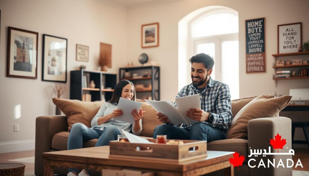 A cozy, well-lit interior scene depicting a young couple reviewing real estate documents and discussing home-buying tips. In the foreground, the couple sits on a plush sofa, gesturing animatedly as they pore over papers. Soft natural light filters in through large windows, casting a warm glow. On the walls, framed artwork and inspirational wall hangings provide a welcoming ambiance. A wooden coffee table in the middle ground holds a tray of refreshments. In the background, bookshelves and a desk suggest a home office space. The overall atmosphere conveys a sense of comfort, guidance, and the excitement of embarking on a new chapter. The Arabic Canada logo is subtly featured in the scene.