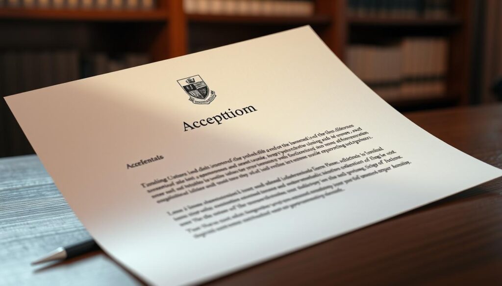 A crisp, official-looking letter of acceptance resting on a wooden desk, illuminated by soft, directional lighting. The document has a sleek, embossed university logo at the top, and the text conveys a sense of academic prestige and opportunity. The background is subtly blurred, with a hint of bookshelves or diplomas visible, creating an atmosphere of higher education. The overall composition exudes a sense of validation, achievement, and the promise of a transformative international study experience.