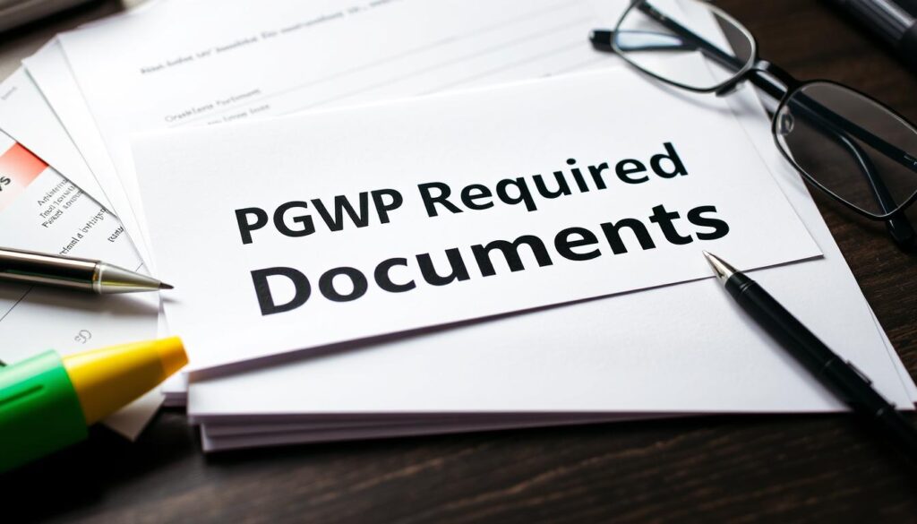 A crisp, well-lit close-up of a neatly organized desk, featuring a stack of official-looking documents with the title "PGWP Required Documents Checklist" prominently displayed. The documents are surrounded by relevant items such as a pen, highlighter, and a pair of reading glasses, all arranged in a visually appealing manner. The scene conveys a sense of attention to detail and preparedness, reflecting the importance of gathering the necessary paperwork for a successful Post-Graduation Work Permit application in Canada. A crisp, well-lit close-up of a neatly organized desk, featuring a stack of official-looking documents with the title "PGWP Required Documents Checklist" prominently displayed. The documents are surrounded by relevant items such as a pen, highlighter, and a pair of reading glasses, all arranged in a visually appealing manner. The scene conveys a sense of attention to detail and preparedness, reflecting the importance of gathering the necessary paperwork for a successful Post-Graduation Work Permit application in Canada.