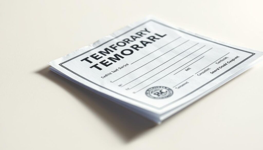 A crisp, well-lit close-up of a temporary work permit document. The permit is placed on a clean, light-colored surface, casting a subtle shadow. The focus is sharp, highlighting the intricate details of the official seal, stamps, and textured paper. The permit is angled slightly, creating a sense of depth and emphasizing the tactile nature of the document. The lighting is soft and diffused, creating a professional, authoritative atmosphere. The overall composition is balanced and visually appealing, showcasing the temporary work permit as the central element. A crisp, well-lit close-up of a temporary work permit document. The permit is placed on a clean, light-colored surface, casting a subtle shadow. The focus is sharp, highlighting the intricate details of the official seal, stamps, and textured paper. The permit is angled slightly, creating a sense of depth and emphasizing the tactile nature of the document. The lighting is soft and diffused, creating a professional, authoritative atmosphere. The overall composition is balanced and visually appealing, showcasing the temporary work permit as the central element.