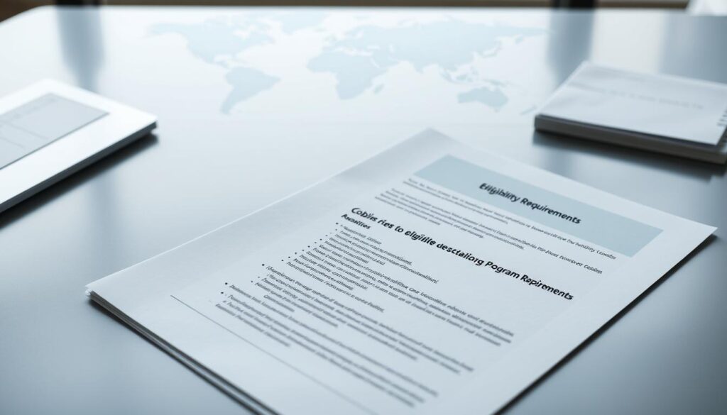 A crisp, well-lit document laid out on a sleek, modern desk, showcasing the key eligibility requirements for an international exchange program. The foreground features a clean, minimalist design with clear headings, bullet points, and icons outlining the necessary criteria. In the middle ground, a subtle world map or globe serves as a backdrop, emphasizing the global nature of the program. The lighting is soft and directional, casting gentle shadows and creating a professional, authoritative atmosphere. The overall composition conveys a sense of clarity, organization, and accessibility, making the information easy to comprehend at a glance. A crisp, well-lit document laid out on a sleek, modern desk, showcasing the key eligibility requirements for an international exchange program. The foreground features a clean, minimalist design with clear headings, bullet points, and icons outlining the necessary criteria. In the middle ground, a subtle world map or globe serves as a backdrop, emphasizing the global nature of the program. The lighting is soft and directional, casting gentle shadows and creating a professional, authoritative atmosphere. The overall composition conveys a sense of clarity, organization, and accessibility, making the information easy to comprehend at a glance.