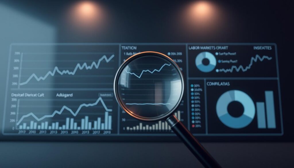 A data-driven statistical dashboard against a sleek, minimalist backdrop. Elegant line graphs and pie charts depict key labor market indicators, with clean typography and muted color palettes. In the foreground, a magnifying glass hovers, symbolizing the analytical process. Soft lighting from above casts a professional, authoritative tone. The composition is balanced, drawing the viewer's eye to the core data visualizations. This image conveys a sense of rigor, precision, and evidence-based insights to support the article's exploration of the Canadian job market for Arab immigrants.