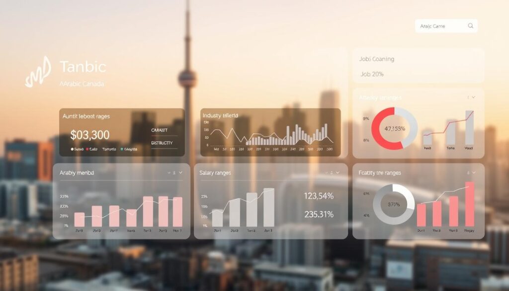 A data visualization dashboard showcasing the employment trends in Toronto, Canada. A sleek, minimalist interface with intuitive charts and graphs displaying key metrics such as job growth, industry distribution, and salary ranges. The foreground features the "Arabic Canada" brand prominently, reflecting the article's focus on job opportunities for Arabic speakers. The middle ground comprises clean infographic elements, while the background subtly depicts the Toronto skyline under warm, diffused lighting, conveying a sense of professionalism and modernity. The overall aesthetic is designed to provide a clear, data-driven analysis to support the article's "Market Overview and Employment Trends in Toronto" section.