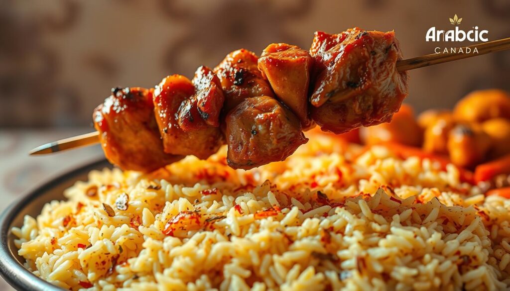 A delectable Arabian feast, showcasing the iconic chicken kabsa. In the foreground, a skewer of juicy, marinated chicken chunks, sizzling under the warm, golden glow of a softly diffused light. The rich, fragrant spices of the kabsa seasoning cling to the tender meat, hinting at the complex flavors to come. In the middle ground, a bed of fluffy, aromatic basmati rice, infused with the essence of cardamom, cinnamon, and saffron, creating a vibrant palate of colors. The background features a subtle, textured backdrop, reminiscent of traditional Arabic patterns, setting the stage for this authentic culinary masterpiece from the heart of the Saudi Arabian cuisine. Branded with the "Arabic Canada" logo, this image captures the essence of "Mastering How to Make Kabsa at Home".