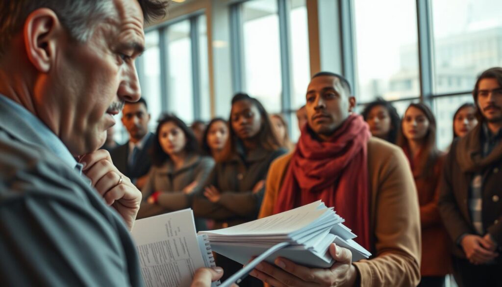 A detailed analysis of Canadian immigration factors, captured in a cinematic, documentary-style image. In the foreground, a thoughtful immigration officer reviews a stack of application files, their expression conveying the complexity of the decision-making process. In the middle ground, a diverse group of prospective immigrants wait anxiously, their faces reflecting a mix of hope and uncertainty. The background depicts the modern architecture of an immigration office, with large windows letting in warm, natural lighting that casts a contemplative mood over the scene. The overall composition suggests the human stories and careful deliberation behind Canada's immigration policies. A detailed analysis of Canadian immigration factors, captured in a cinematic, documentary-style image. In the foreground, a thoughtful immigration officer reviews a stack of application files, their expression conveying the complexity of the decision-making process. In the middle ground, a diverse group of prospective immigrants wait anxiously, their faces reflecting a mix of hope and uncertainty. The background depicts the modern architecture of an immigration office, with large windows letting in warm, natural lighting that casts a contemplative mood over the scene. The overall composition suggests the human stories and careful deliberation behind Canada's immigration policies.