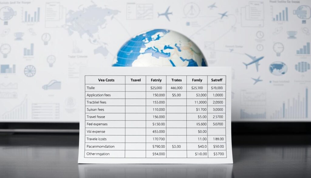 A detailed and meticulously organized breakdown of fees and costs for an international exchange program, presented against a backdrop of a world map and financial charts. The foreground features a clean and minimalist table with line items for application fees, visa fees, travel expenses, accommodation costs, and other associated charges, all displayed in a clear, easy-to-understand format. The middle ground showcases a globe with international flight routes, representing the global nature of the program. The background consists of financial diagrams, graphs, and icons, providing a sense of financial complexity and data-driven analysis. The overall mood is professional, informative, and visually compelling, guiding the viewer through the financial considerations of the international exchange program. A detailed and meticulously organized breakdown of fees and costs for an international exchange program, presented against a backdrop of a world map and financial charts. The foreground features a clean and minimalist table with line items for application fees, visa fees, travel expenses, accommodation costs, and other associated charges, all displayed in a clear, easy-to-understand format. The middle ground showcases a globe with international flight routes, representing the global nature of the program. The background consists of financial diagrams, graphs, and icons, providing a sense of financial complexity and data-driven analysis. The overall mood is professional, informative, and visually compelling, guiding the viewer through the financial considerations of the international exchange program.