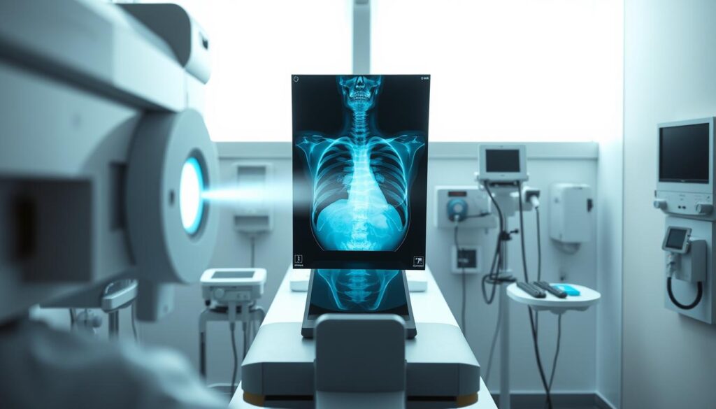 A detailed and technically accurate chest x-ray examination setup, with crisp clarity and precise details. The foreground features the x-ray machine, emitting a focused beam of ionizing radiation towards the patient's torso, captured in a mid-examination pose. The middle ground showcases the diagnostic monitor displaying the x-ray image, surrounded by various medical instruments and equipment. The background subtly implies a sterile, well-lit hospital environment, creating a professional and clinical atmosphere. The lighting is bright and directional, casting subtle shadows that enhance the three-dimensional qualities of the scene. The camera angle is positioned to provide an elevated, slightly angled perspective, offering a comprehensive view of the entire examination process. A detailed and technically accurate chest x-ray examination setup, with crisp clarity and precise details. The foreground features the x-ray machine, emitting a focused beam of ionizing radiation towards the patient's torso, captured in a mid-examination pose. The middle ground showcases the diagnostic monitor displaying the x-ray image, surrounded by various medical instruments and equipment. The background subtly implies a sterile, well-lit hospital environment, creating a professional and clinical atmosphere. The lighting is bright and directional, casting subtle shadows that enhance the three-dimensional qualities of the scene. The camera angle is positioned to provide an elevated, slightly angled perspective, offering a comprehensive view of the entire examination process.