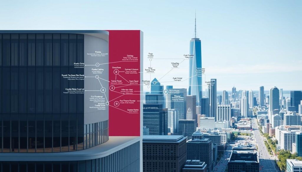 A detailed architectural diagram showcasing the intricate structure of the Provincial Nominee Program in Canada. The foreground depicts a sleek, modern office building with clean lines and a minimalist aesthetic, symbolizing the efficient administration of the program. The middle ground features a series of interconnected nodes and pathways, representing the various streams and eligibility criteria that immigrants must navigate. In the background, a vibrant cityscape with towering skyscrapers and bustling streets sets the stage, highlighting the program's role in shaping Canada's diverse urban landscape. The lighting is crisp and directional, creating a sense of dynamism and professionalism. The overall mood is one of precision, organization, and the promise of opportunity for those seeking to make Canada their new home.