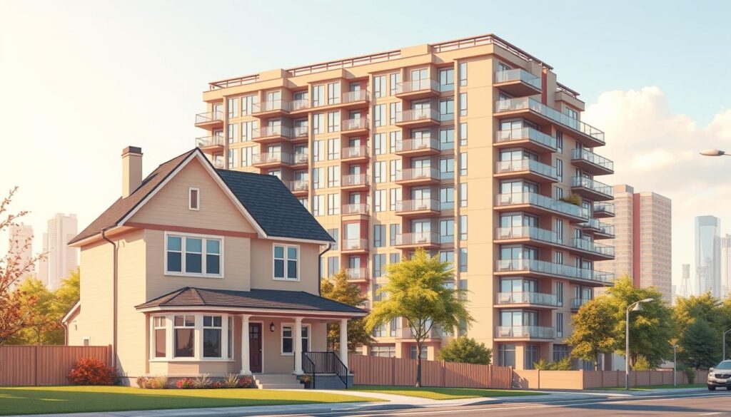 A detailed architectural illustration of basic property structures in Canada, showcasing the key features of a standalone house and a condominium unit. In the foreground, a two-story detached house with a pitched roof, bay windows, and a covered front porch. In the middle ground, a multi-story condominium building with a sleek, modern design and balconies. The background features a Canadian cityscape with skyscrapers and trees. The scene is bathed in warm, natural lighting, captured with a wide-angle lens to provide a comprehensive view. Rendered in the distinctive "Arabic Canada" aesthetic, blending contemporary Canadian architecture with Middle Eastern design influences. A detailed architectural illustration of basic property structures in Canada, showcasing the key features of a standalone house and a condominium unit. In the foreground, a two-story detached house with a pitched roof, bay windows, and a covered front porch. In the middle ground, a multi-story condominium building with a sleek, modern design and balconies. The background features a Canadian cityscape with skyscrapers and trees. The scene is bathed in warm, natural lighting, captured with a wide-angle lens to provide a comprehensive view. Rendered in the distinctive "Arabic Canada" aesthetic, blending contemporary Canadian architecture with Middle Eastern design influences.