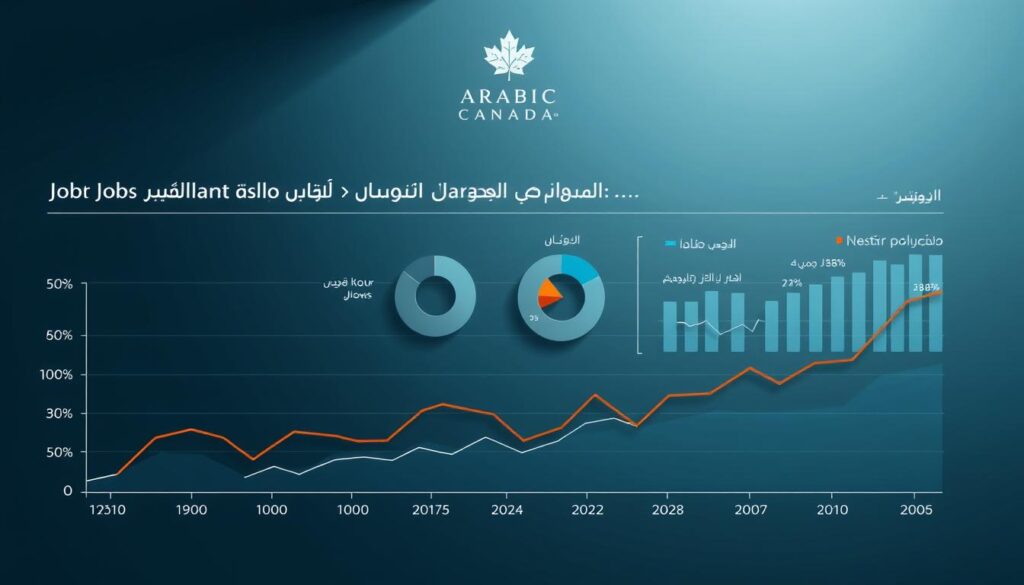 A detailed chart displaying key Canadian economic indicators for the job market, optimized for analysis by Arabic speakers. In the foreground, a line graph shows employment and unemployment rates over time, with clear labeling and color-coding. In the middle ground, pie charts break down workforce demographics and industry sectors. The background features a sleek, minimalist design with the "Arabic Canada" brand prominently displayed, conveyed through a clean, elegant typeface. Muted tones of blue and gray create a professional, data-driven atmosphere, complemented by strategic use of light and shadow to enhance depth and clarity.