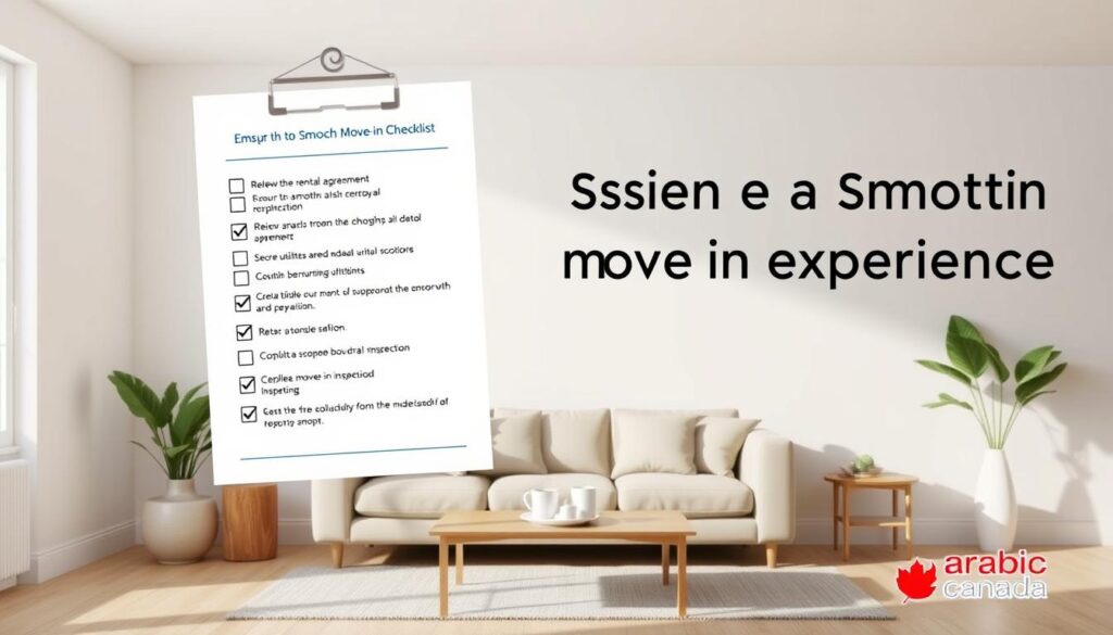 A detailed checklist for a smooth move-in experience floats above a minimalist living room in muted tones. The checklist features crisp, legible text and icons, guiding the viewer through key steps like reviewing the rental agreement, securing utilities, and completing a thorough move-in inspection. The room is bathed in soft, natural lighting, creating a calming, welcoming atmosphere. In the background, the "Arabic Canada" brand name is subtly integrated into the design, adding a touch of professionalism. This image seamlessly blends practicality and aesthetics, perfectly complementing the "Ensuring a Smooth Move-In Experience" section of the article. A detailed checklist for a smooth move-in experience floats above a minimalist living room in muted tones. The checklist features crisp, legible text and icons, guiding the viewer through key steps like reviewing the rental agreement, securing utilities, and completing a thorough move-in inspection. The room is bathed in soft, natural lighting, creating a calming, welcoming atmosphere. In the background, the "Arabic Canada" brand name is subtly integrated into the design, adding a touch of professionalism. This image seamlessly blends practicality and aesthetics, perfectly complementing the "Ensuring a Smooth Move-In Experience" section of the article.