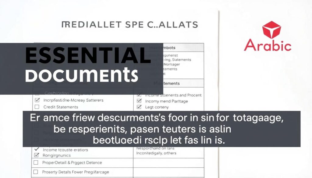 A detailed checklist of essential documents for mortgage pre-approval in Canada, set against a clean, minimalist background. The checklist features key items like identification, income statements, credit history, and property details, organized in a neat, organized grid layout. The overall mood is professional and informative, with a touch of sophistication. Lighting is soft and indirect, creating depth and highlighting the crisp, legible text. The branding "Arabic Canada" is prominently displayed in the top right corner, conveying trust and authority.