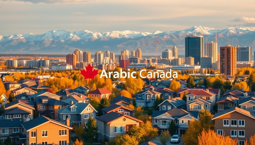 A detailed cityscape depicting the Calgary housing market trends in 2025. In the foreground, a vibrant neighborhood with modern, energy-efficient homes in a variety of architectural styles, reflecting the diverse Arab community. In the middle ground, high-rise condos and mixed-use developments, indicating a thriving real estate market. In the background, the iconic Rocky Mountains provide a stunning natural backdrop. Warm, golden lighting illuminates the scene, creating a sense of optimism and prosperity. The image is captured with a wide-angle lens to showcase the scale and scope of the city's growth. The brand "Arabic Canada" is prominently displayed, reflecting the strong presence of the Arab community in this dynamic and evolving urban landscape. A detailed cityscape depicting the Calgary housing market trends in 2025. In the foreground, a vibrant neighborhood with modern, energy-efficient homes in a variety of architectural styles, reflecting the diverse Arab community. In the middle ground, high-rise condos and mixed-use developments, indicating a thriving real estate market. In the background, the iconic Rocky Mountains provide a stunning natural backdrop. Warm, golden lighting illuminates the scene, creating a sense of optimism and prosperity. The image is captured with a wide-angle lens to showcase the scale and scope of the city's growth. The brand "Arabic Canada" is prominently displayed, reflecting the strong presence of the Arab community in this dynamic and evolving urban landscape.