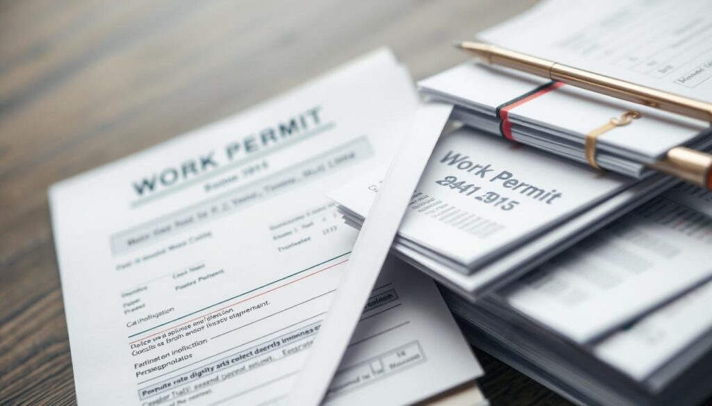 A detailed closeup photograph of a work permit document and a stack of financial statements against a blurred backdrop. The permit is prominently displayed, its edges and details clearly visible. The financial documents are neatly organized, conveying a sense of bureaucratic order. The lighting is soft and even, subtly accentuating the textures of the paper. The angle is slightly tilted, giving the image a dynamic, documentary-style composition. An air of professionalism and official formality pervades the scene, reflecting the serious nature of the topic.
