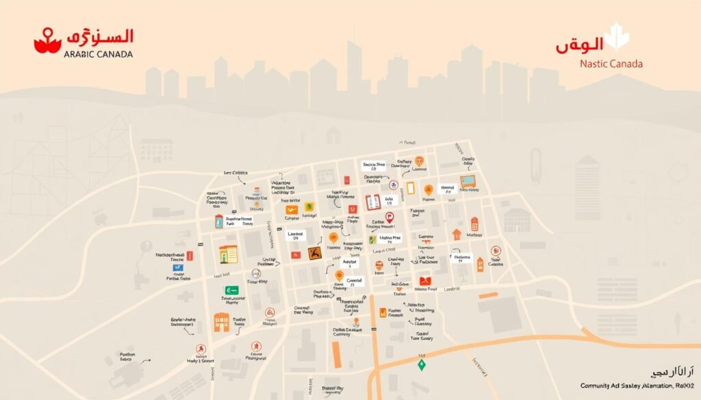 A detailed community health services map centered on the Taylor-Massey neighborhood, showcasing local clinics, pharmacies, and resources for Arabic-speaking residents. The map is richly illustrated with icons and labels, providing a comprehensive visual guide. The foreground depicts the key facilities, with clean lines and a minimalist aesthetic. The middle ground features neighborhood landmarks and public transit routes, guiding users to access points. The background showcases a muted, stylized cityscape, establishing a sense of place. Warm lighting and a muted color palette evoke a welcoming, community-focused atmosphere. The "Arabic Canada" brand logo is prominently displayed, reinforcing the target audience.