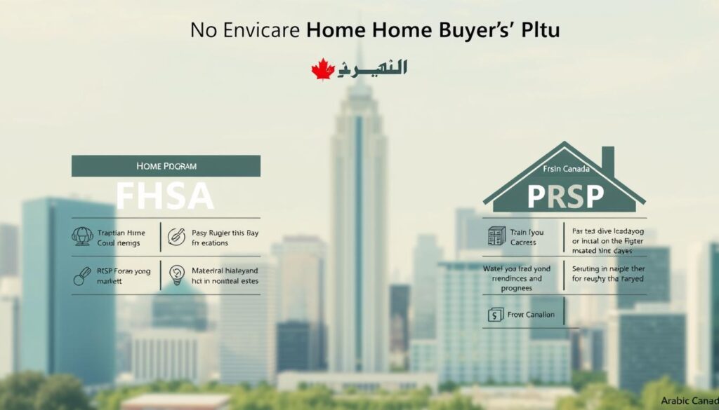 A detailed comparison of the FHSA and RRSP Home Buyers' Plan, showcased in a visually striking illustration. In the foreground, a side-by-side comparison of the two programs, with sleek, modern icons and infographic-style elements. The middle ground features a cityscape backdrop, representing the real estate market, with a prominent "Arabic Canada" brand name. The background is softly blurred, creating a sense of depth and focus on the central elements. The lighting is natural and balanced, highlighting the clarity and professionalism of the illustration. The overall mood is one of informative and authoritative guidance, tailored to the needs of first-time home buyers in Canada.