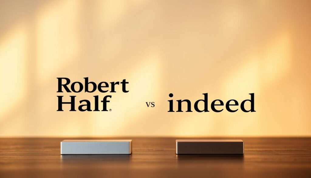 A detailed comparison of the leading job search platforms, Robert Half and Indeed, presented in a meticulously crafted photographic tableau. Set against a softly blurred background, the two company logos stand prominently in the foreground, their distinct visual identities juxtaposed in an elegant, side-by-side arrangement. Warm, directional lighting casts subtle shadows, imbuing the scene with a sense of depth and dimension. The overall composition conveys a balanced, professional tone, well-suited to illustrate the objective analysis of these influential job search resources. A detailed comparison of the leading job search platforms, Robert Half and Indeed, presented in a meticulously crafted photographic tableau. Set against a softly blurred background, the two company logos stand prominently in the foreground, their distinct visual identities juxtaposed in an elegant, side-by-side arrangement. Warm, directional lighting casts subtle shadows, imbuing the scene with a sense of depth and dimension. The overall composition conveys a balanced, professional tone, well-suited to illustrate the objective analysis of these influential job search resources.