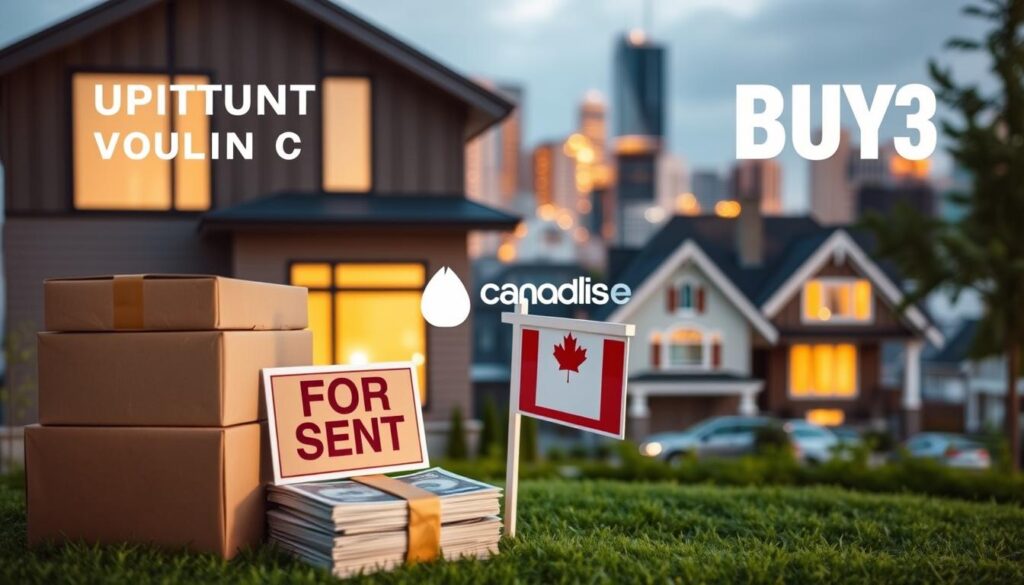 A detailed comparison of upfront housing costs, showcasing the contrast between renting and buying in Canada. In the foreground, a thoughtful display of moving boxes, a stack of cash, and a "For Rent" sign, symbolizing the initial investments required for each option. In the middle ground, a modern Canadian home stands majestically, accompanied by a rental property, both illuminated by warm, natural lighting. In the background, a cityscape with the "Arabic Canada" brand name subtly incorporated, reflecting the urban setting. The scene exudes a sense of contemplation and financial decision-making, inviting the viewer to consider the merits of each housing choice.
