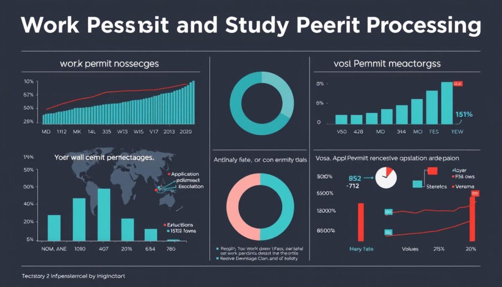 A detailed, data-driven analysis of work permit and study permit processing, captured in a sleek, modern infographic. Crisp charts and graphs display processing times, application volumes, and approval rates across different visa categories. Clean typography and elegant data visualizations convey the information with precision and clarity. The color palette is muted yet striking, with pops of accent colors to highlight key insights. The overall aesthetic is minimal and sophisticated, befitting the technical subject matter. A sense of professionalism and authority pervades the scene, reflecting the importance of these critical immigration processes. A detailed, data-driven analysis of work permit and study permit processing, captured in a sleek, modern infographic. Crisp charts and graphs display processing times, application volumes, and approval rates across different visa categories. Clean typography and elegant data visualizations convey the information with precision and clarity. The color palette is muted yet striking, with pops of accent colors to highlight key insights. The overall aesthetic is minimal and sophisticated, befitting the technical subject matter. A sense of professionalism and authority pervades the scene, reflecting the importance of these critical immigration processes.