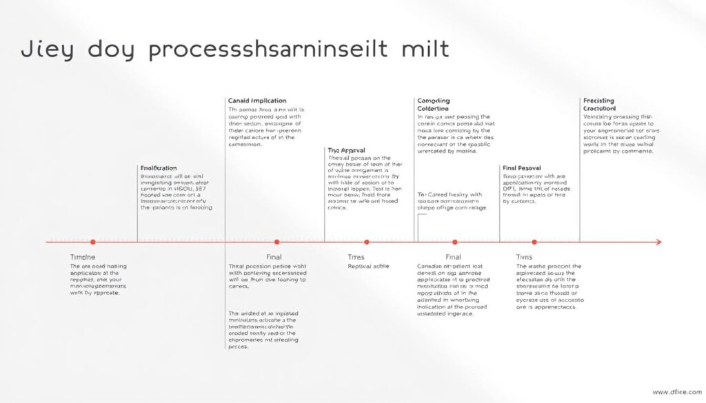 A detailed, data-driven infographic depicting the key processing timelines for Canadian immigration. Crisp, clean lines and minimalist design elements showcase the progression of the immigration process, from initial application to final approval. The layout is balanced, with clear visualization of each step, highlighted by subtle shifts in color and texture. Soft, natural lighting creates a professional, authoritative atmosphere, guiding the viewer's eye through the seamless timeline. The overall aesthetic is modern, sophisticated, and visually engaging, perfectly suited to illustrate the article's subject matter.