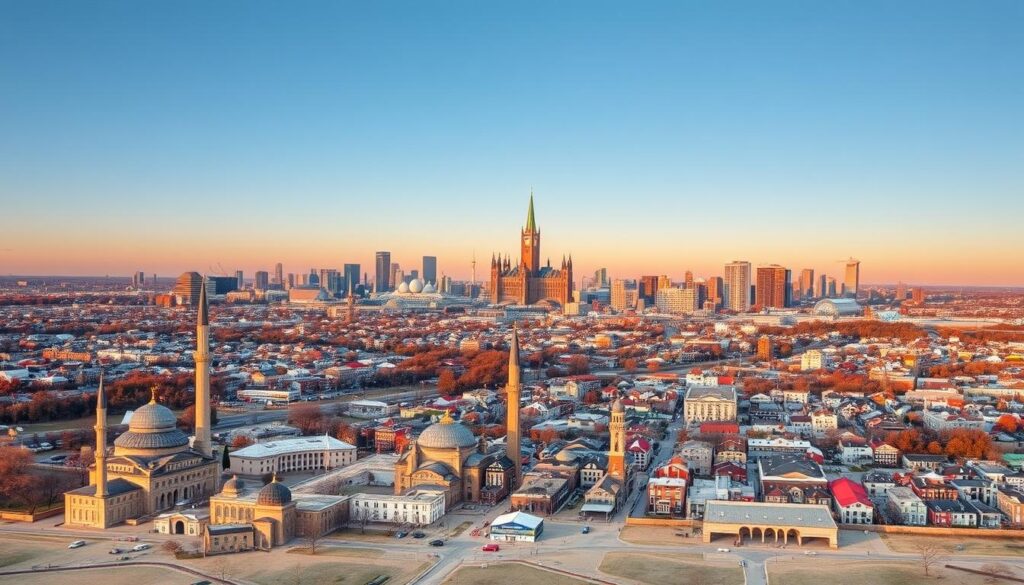 A detailed historical migration map of Ottawa, showcasing the settlement patterns of the Arab community. The foreground depicts key landmarks like mosques, schools, and community centers, rendered in a realistic style. The middle ground features residential neighborhoods with diverse architecture, reflecting the multicultural fabric of the city. The background panorama captures the urban skyline of Ottawa, bathed in warm, golden-hour lighting. The overall scene conveys a sense of vibrancy, integration, and the thriving "Arabic Canada" community.