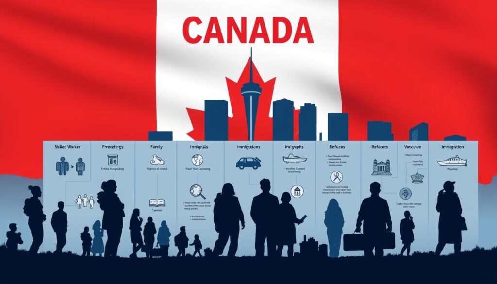 A detailed illustration of Canada's diverse immigration programs, captured in a crisp, well-lit image. The foreground features silhouettes of different immigrants - skilled workers, family members, refugees - against a backdrop of the Canadian flag. The middle ground showcases various immigration pathways, represented by icons and infographic elements. In the background, the skyline of a major Canadian city, such as Toronto or Vancouver, serves as a symbolic destination for these journeys. The overall atmosphere conveys a sense of opportunity, diversity, and the welcoming nature of Canada's immigration system.