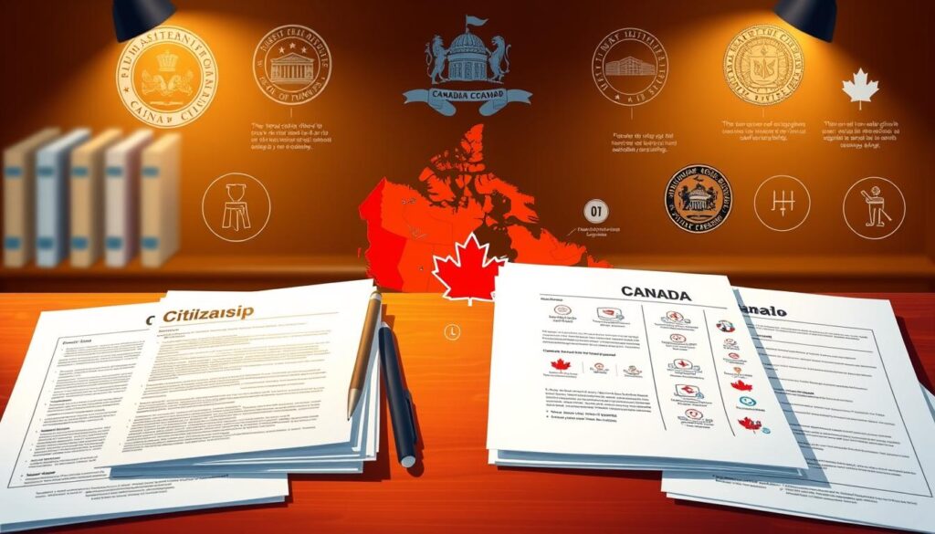 A detailed illustration of the current Canadian citizenship eligibility requirements, showcasing the key criteria and regulations in a visually informative manner. The foreground depicts a series of official government documents and forms, arranged neatly on a desk under warm, directional lighting, conveying a sense of authority and attention to detail. The middle ground features a stylized world map, highlighting Canada's geographic location, with various icons and symbols representing the different eligibility factors, such as residency, language proficiency, and criminal record checks. The background subtly blends administrative elements like seals, stamps, and official insignia, creating an atmosphere of institutional gravitas. The overall composition aims to provide a comprehensive, yet aesthetically pleasing, representation of the current citizenship landscape in Canada. A detailed illustration of the current Canadian citizenship eligibility requirements, showcasing the key criteria and regulations in a visually informative manner. The foreground depicts a series of official government documents and forms, arranged neatly on a desk under warm, directional lighting, conveying a sense of authority and attention to detail. The middle ground features a stylized world map, highlighting Canada's geographic location, with various icons and symbols representing the different eligibility factors, such as residency, language proficiency, and criminal record checks. The background subtly blends administrative elements like seals, stamps, and official insignia, creating an atmosphere of institutional gravitas. The overall composition aims to provide a comprehensive, yet aesthetically pleasing, representation of the current citizenship landscape in Canada.