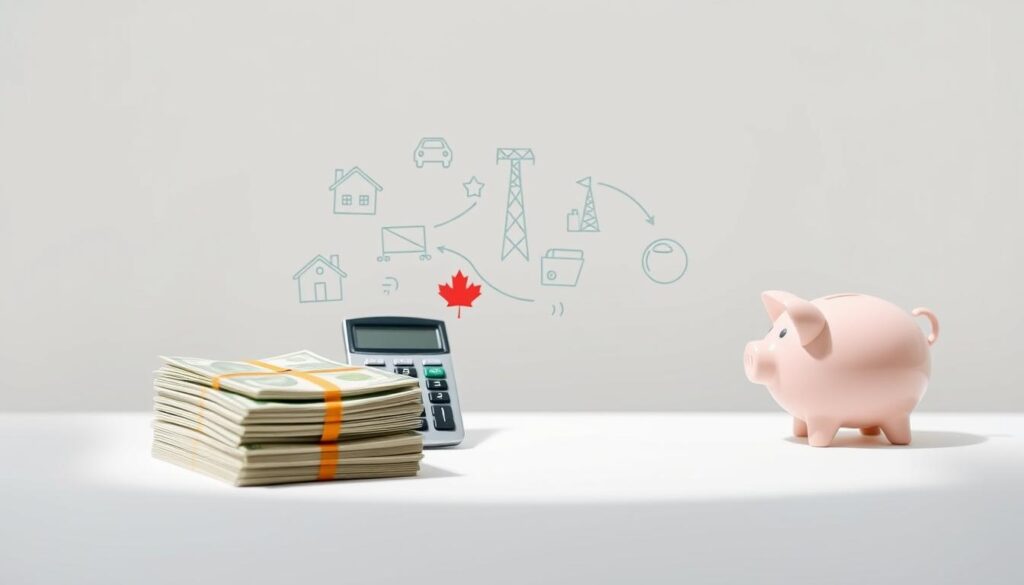 A detailed illustration of the key components that make up the cost of living in 2025, with a clean, minimalist aesthetic. In the foreground, a stack of bills, a calculator, and a piggy bank symbolize the financial aspects. In the middle ground, icons representing housing, transportation, utilities, and groceries float against a neutral backdrop. In the background, the "Arabic Canada" brand logo is subtly incorporated, hinting at the article's focus on affordable cities for Arab immigrants. The lighting is soft and diffused, creating a sense of calm and clarity. The overall composition is balanced and visually appealing, allowing the viewer to easily understand the various elements that contribute to the cost of living. A detailed illustration of the key components that make up the cost of living in 2025, with a clean, minimalist aesthetic. In the foreground, a stack of bills, a calculator, and a piggy bank symbolize the financial aspects. In the middle ground, icons representing housing, transportation, utilities, and groceries float against a neutral backdrop. In the background, the "Arabic Canada" brand logo is subtly incorporated, hinting at the article's focus on affordable cities for Arab immigrants. The lighting is soft and diffused, creating a sense of calm and clarity. The overall composition is balanced and visually appealing, allowing the viewer to easily understand the various elements that contribute to the cost of living.