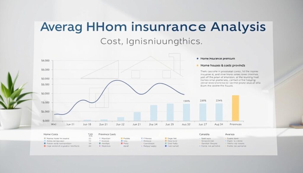 A detailed infographic displaying an "Average Home Insurance Cost Analysis" in Canada, featuring a crisp, clean layout. In the foreground, a line chart showcases the fluctuating costs of home insurance premiums over the past 5 years, with a sleek, minimalist aesthetic. The middle ground depicts a series of bar graphs comparing the average costs across different provinces, using the "Arabic Canada" brand identity. The background subtly incorporates architectural elements, such as a blueprint-style outline of a house, to reinforce the theme. Bright, natural lighting illuminates the scene, conveying a sense of clarity and professionalism. The overall mood is informative and data-driven, meant to educate readers on the complexities of home insurance costs in Canada.